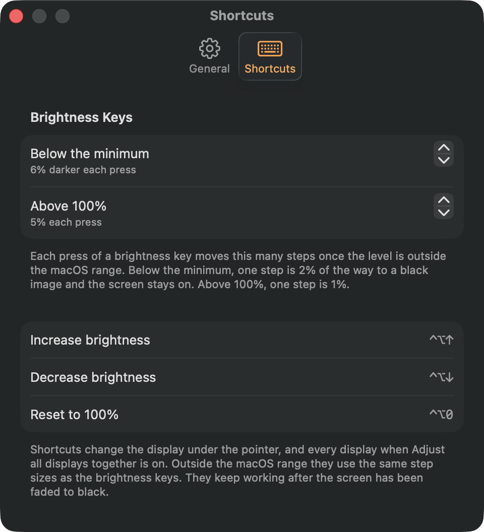 LumiCore Shortcuts settings. Step sizes for brightness keys below the minimum and above 100%, plus Control-Option shortcuts to increase, decrease, and reset to 100%.